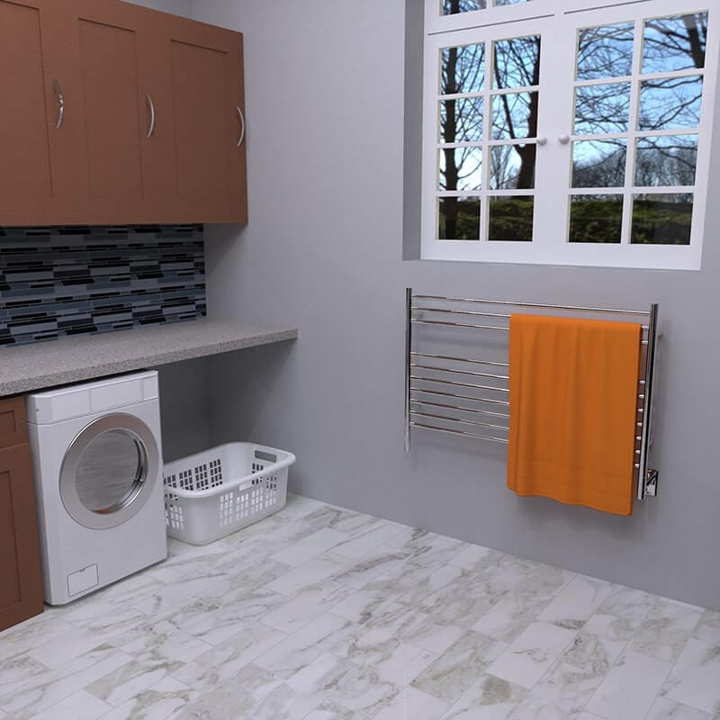 Amba Jeeves Model L Straight in Polished Stainless Corner View With Orange Towel