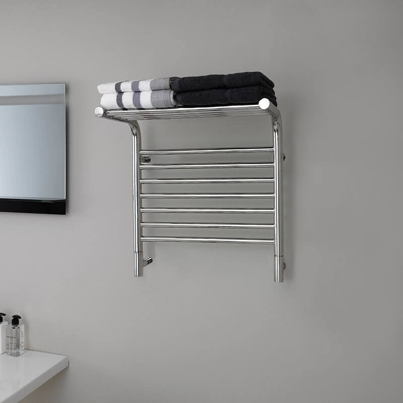 Amba Jeeves Model M Shelf 11 Bar Hardwired Towel Warmer in Polished Stainless Front View Lifestyle