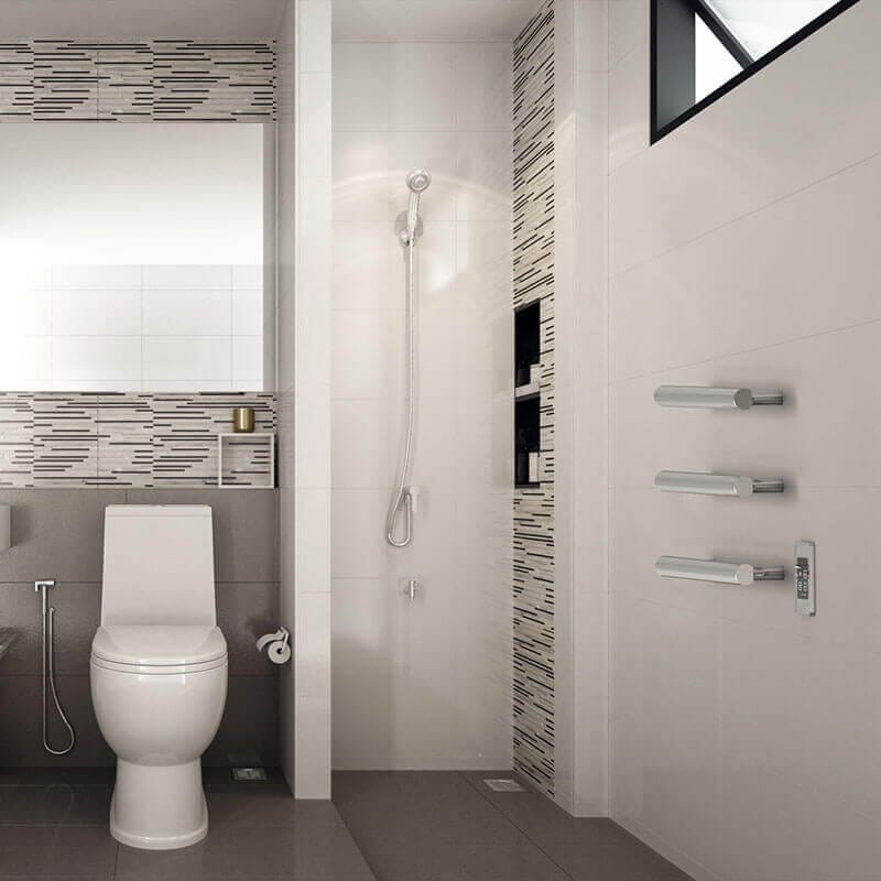 Amba Modello I Round 20 Hardwired Single Bar Polished Stainless Corner View Bathroom Set Up