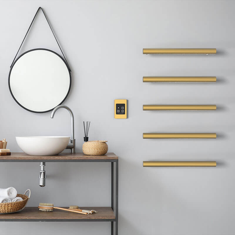 Amba Modello I Round 20 Hardwired Single Bar Satin Brass Horizontal Front View Bathroom Set Up