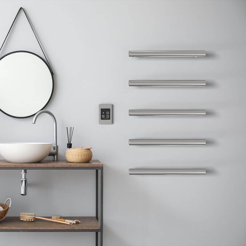 Amba Modello I Round 20 Inch Hardwired Single Bar Brushed Stainless Front View Bathroom Set Up