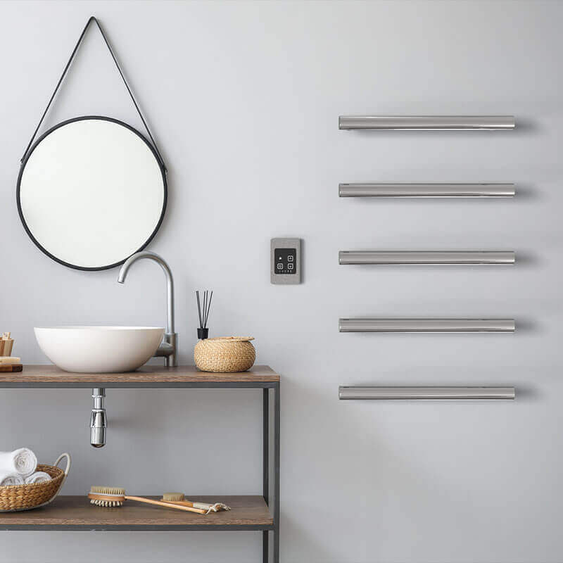 Amba Modello I Round 20 Inch Hardwired Single Bar Polished Stainless Front View Bathroom Set Up