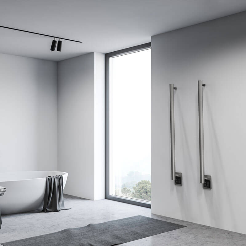 Amba Modello I Round 40 Hardwired Single Bar Brushed Stainless Corner View Bathroom Set up