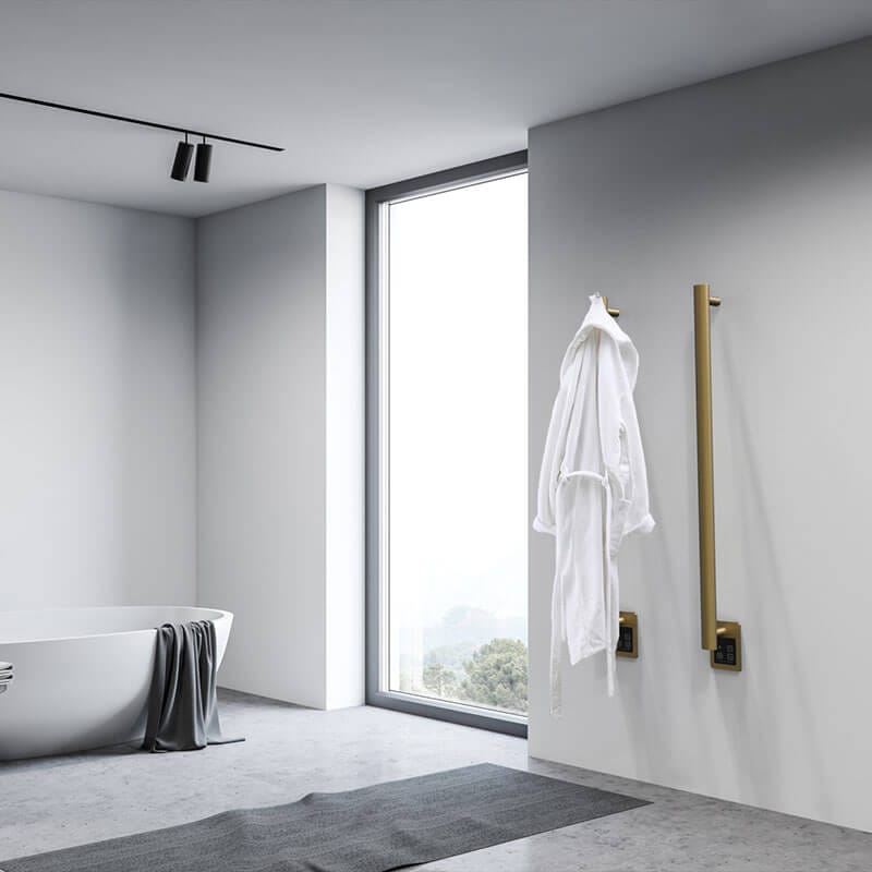 Amba Modello I Round 40 Hardwired Single Bar Satin Brass Corner View Bathroom Set Up