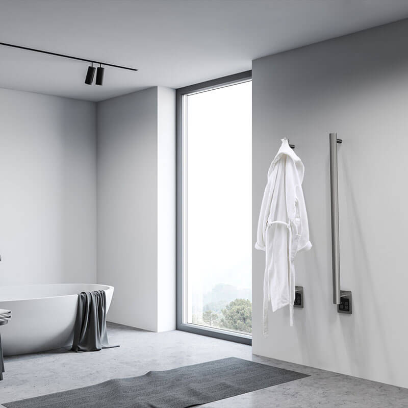 Amba Modello I Round 40 Inch Hardwired Single Bar Brushed Stainless Corner View