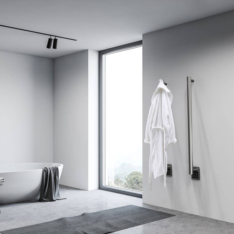 Amba Modello I Round 40 Inch Hardwired Single Bar Polished Stainless Vertical Corner View Bathroom Set Up