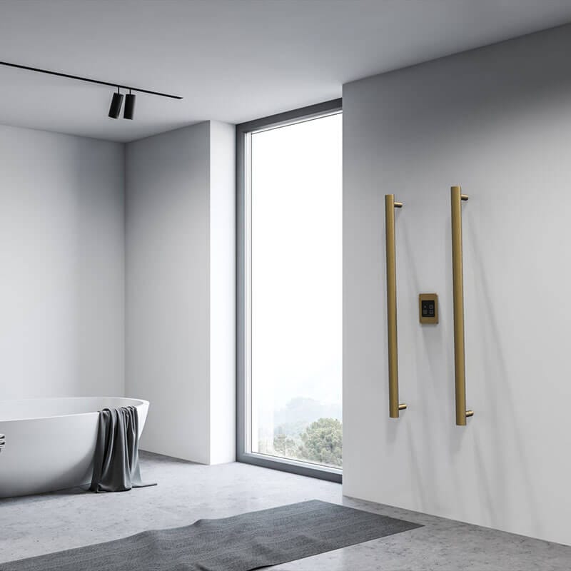 Amba Modello I Round 40 Inch Hardwired Single Bar Satin Brass Corner View Bathroom Set Up