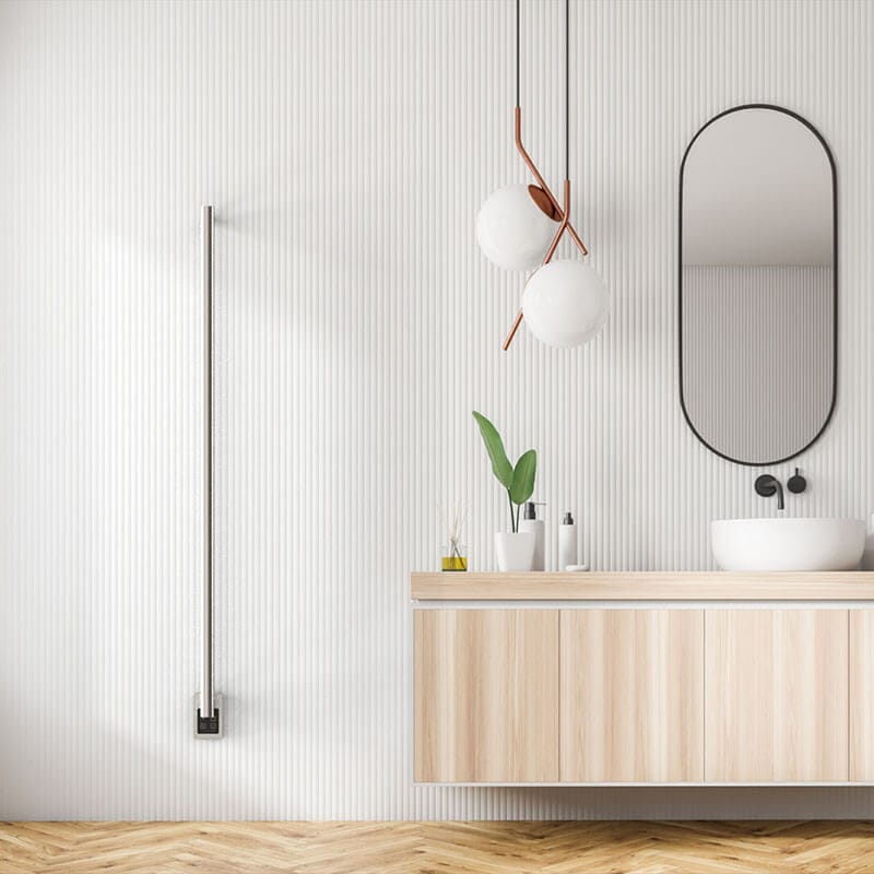 Amba Modello I Round 59 Hardwired Single Bar Brushed Stainless Front View Bathroom Set Up