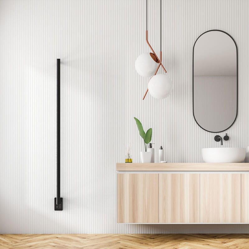 Amba Modello I Round 59 Hardwired Single Bar Matte Black Front View Bathroom Set Up