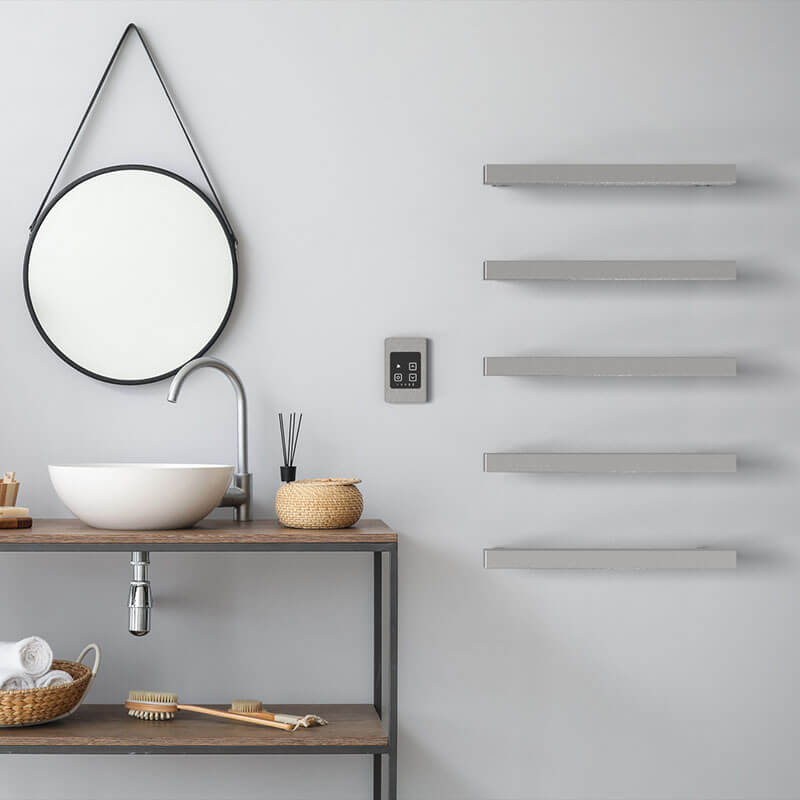 Amba Modello I Square 20" Hardwired Single Bar Brushed Stainless Front View Bathroom Set Up