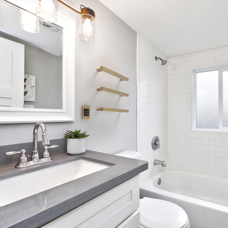 Amba Modello I Square 20 Hardwired Single Bar Satin Brass Side View Bathroom Set Up