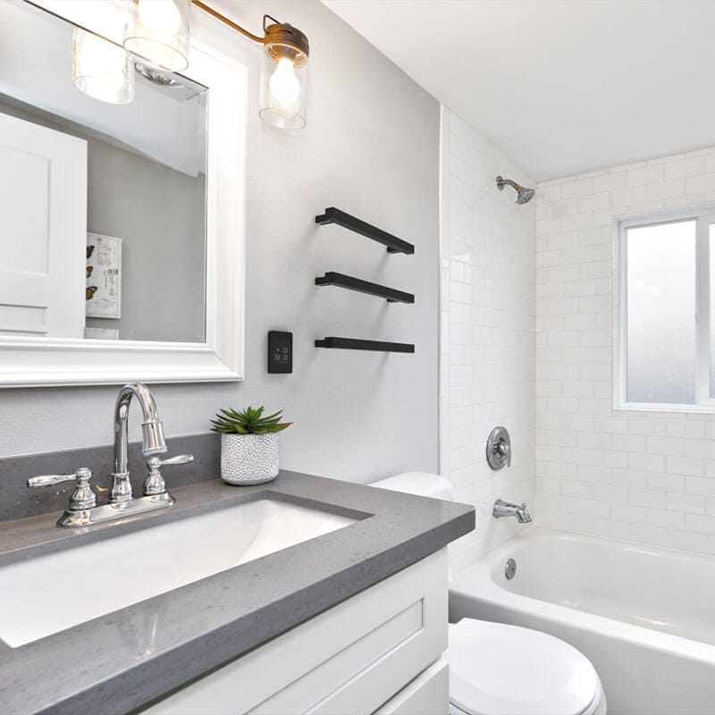 Amba Modello I Square 20 Inch Hardwired Single Bar Matte Black Corner View Bathroom Set Up