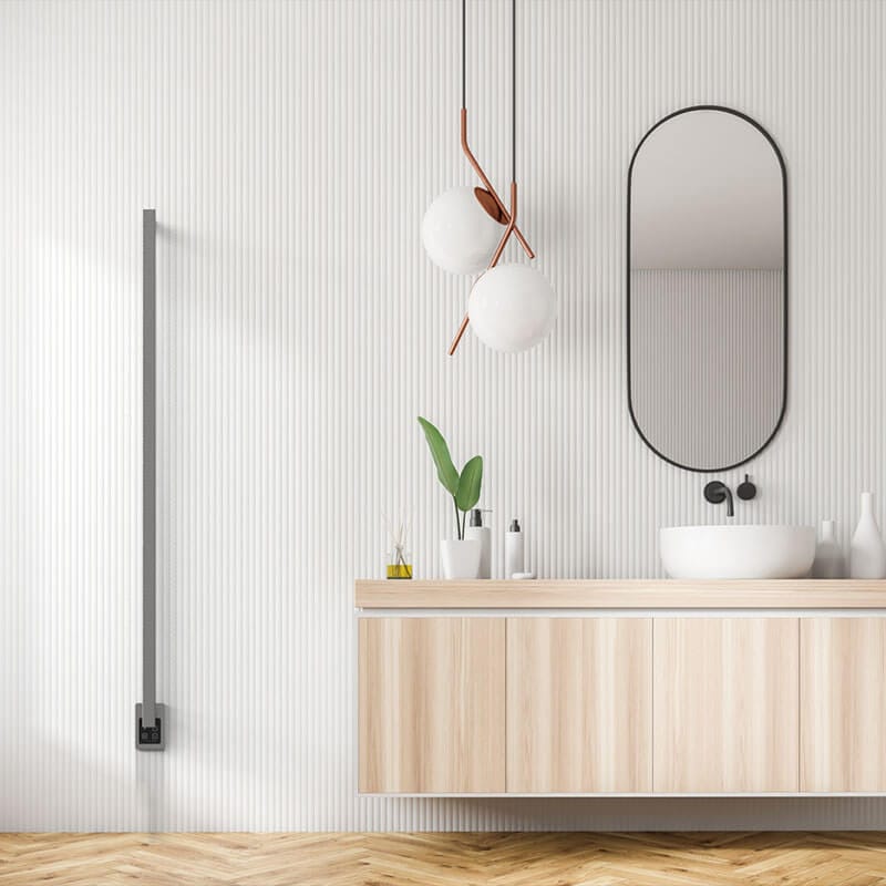 Amba Modello I Square 59 Hardwired Single Bar Brushed Stainless Front View Bathroom Set Up
