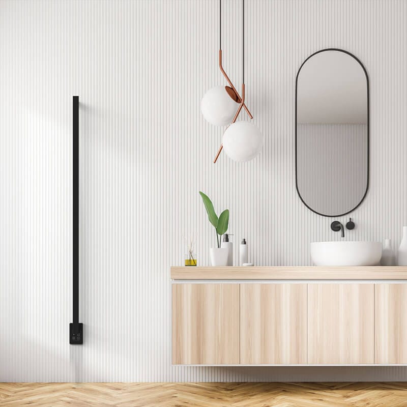 Amba Modello I Square 59 Hardwired Single Bar Matte Black Front View Bathroom Set Up
