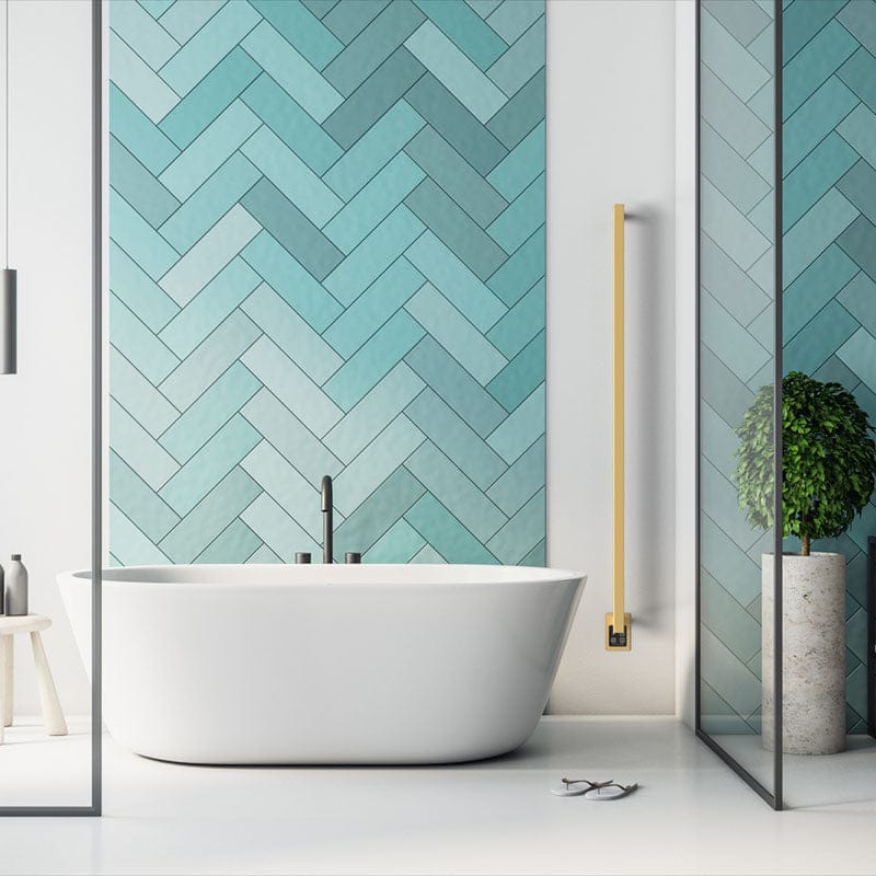 Amba Modello I Square 59 Inch Hardwired Single Bar Satin Brass Front View Bathroom Set Up