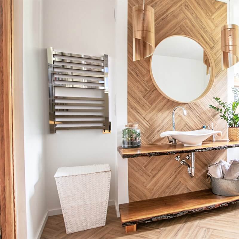 Amba Quadro Q2132.2 12 Bar Hardwired Towel Warmer in Polished Stainless With THDC Corner View