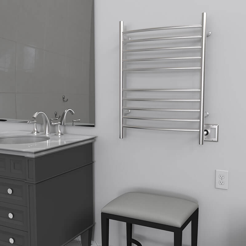 Amba Radiant Hardwired Curved Towel Warmer Brushed Stainless Dual Gang Plate Side View Application