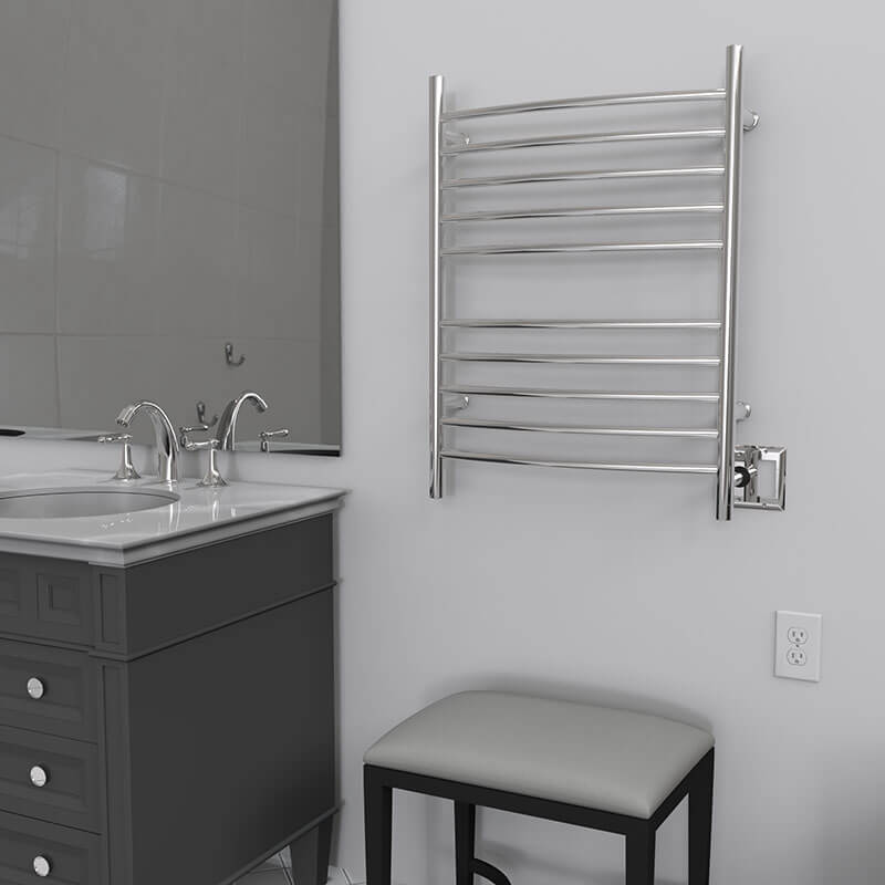 Amba Radiant Hardwired Curved Towel Warmer Polished Stainless Dual Gang Plate Side View Application