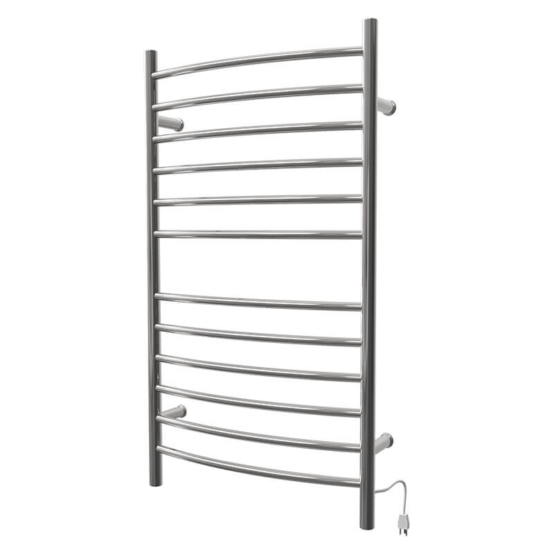 Amba Radiant Large Hardwired Curved 12 Bar Towel Warmer Polished Stainless Plug in Side View