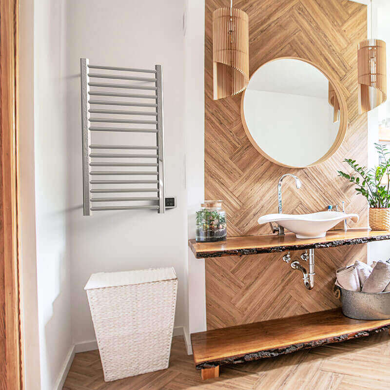 Amba Sirio s2142.2 16 Bar Hardwired Towel Warmer Polished Nickel Side View Lifestyle