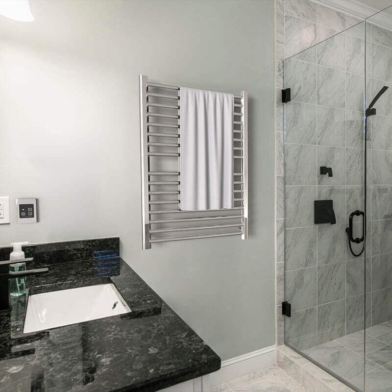 Amba Sirio s2942.2 16 Bar Hardwired Towel Warmer Polished Nickel Corner View Bathroom Set Up