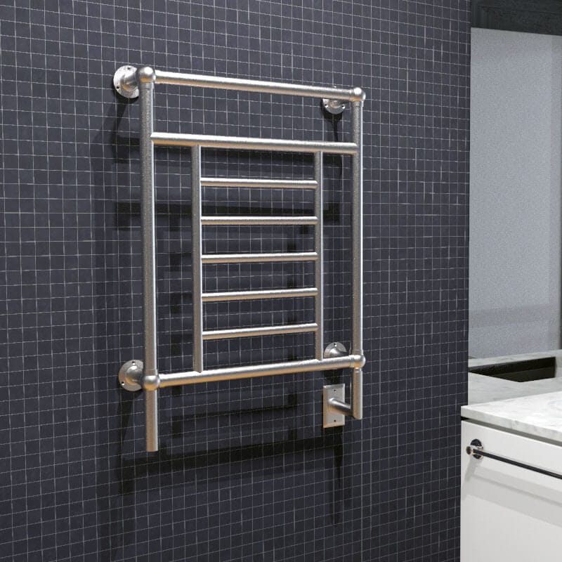 Amba Traditional Model T-2536 8 Bar Hardwired Towel Warmer Brushed Nickel Corner View Bathroom Set Up