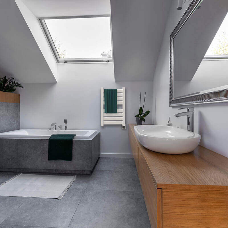 Amba Vega v2337.2 8 Panel Hardwired Towel Warmer White Front View Bathroom Set Up