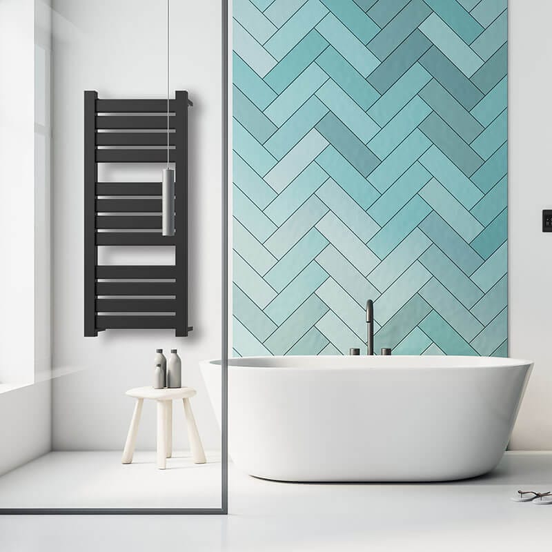 Amba Vega v2356.2 12 Panel Hardwired Towel Warmer Matte Black Front View Bathroom Set Up