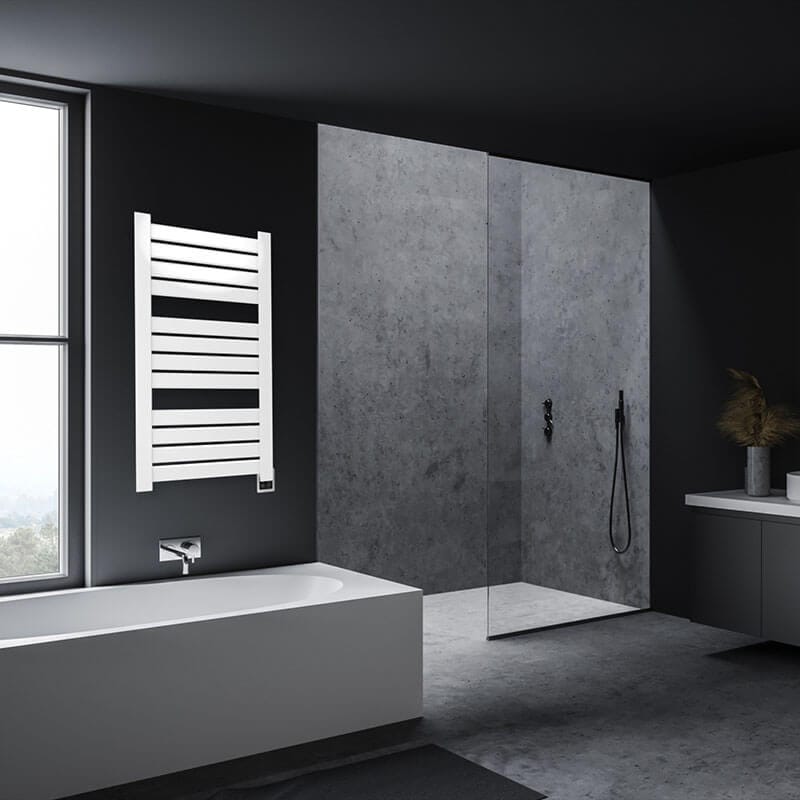 Amba Vega v2356.2 12 Panel Hardwired Towel Warmer White Side View Bathroom Set Up