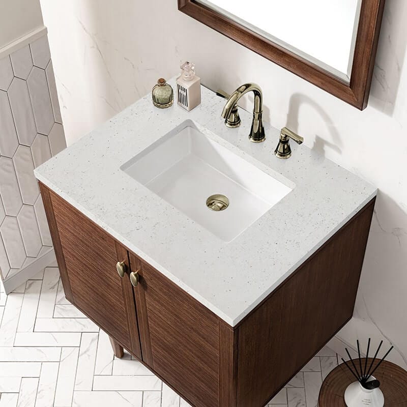 Amberly 30 Inch Single Vanity Mid Century Walnut Lime Delight Silestone Top