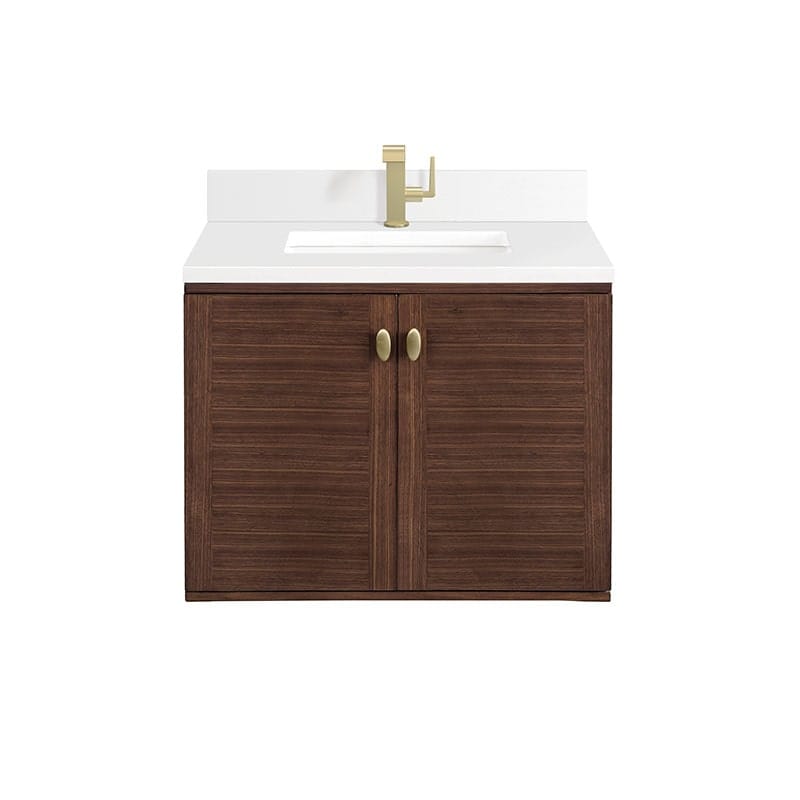 Amberly 30" Single Vanity Mid Century Walnut Single Hole Faucet White Zeus Silestone Top & Backsplash
