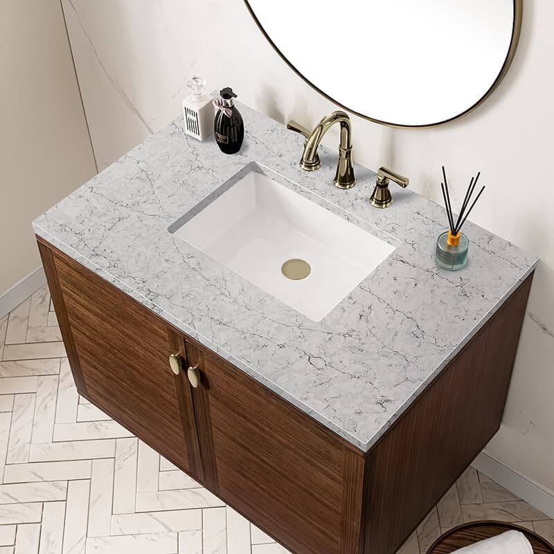 Amberly 36 Inch Single Vanity in Mid Century Walnut With Eternal Jasmine Pearl Top