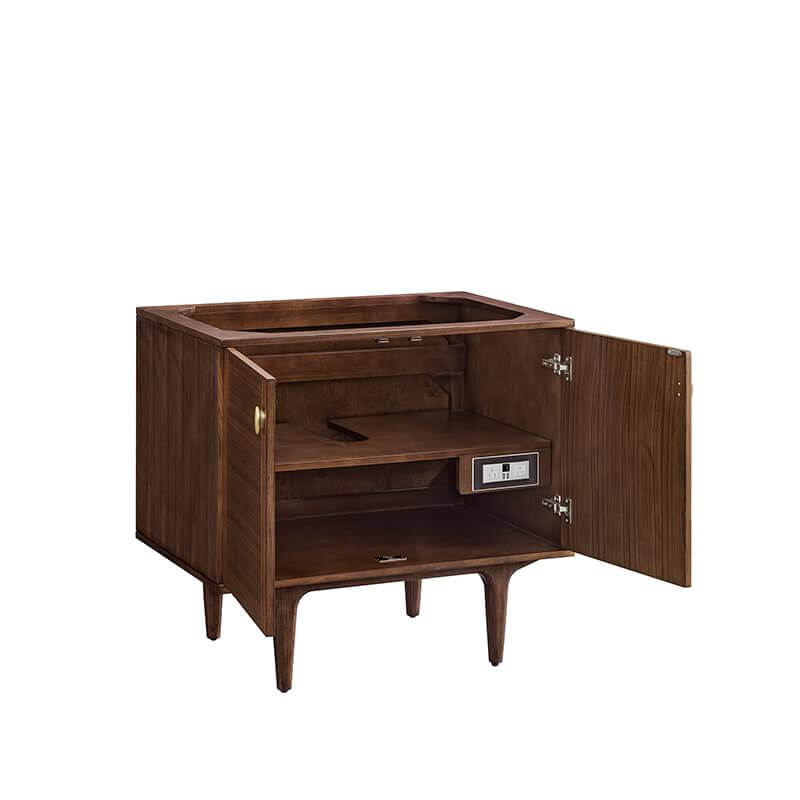 Amberly 36" Single Vanity in Mid Century Walnut Corner View With Stand Open Door