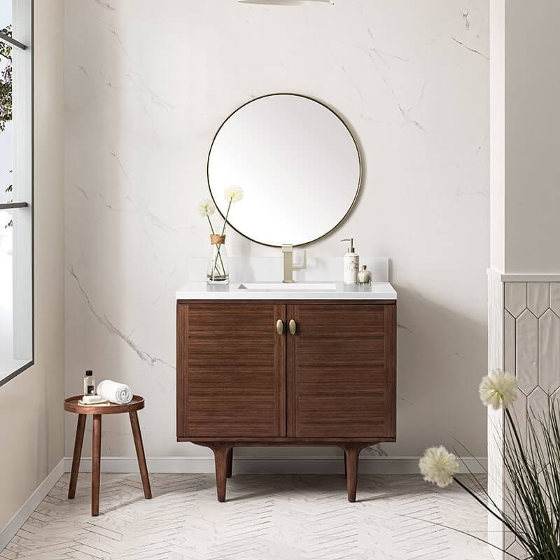 Amberly 36" Single Vanity in Mid Century Walnut With Single Hole Faucet White Zeus Top Backsplash