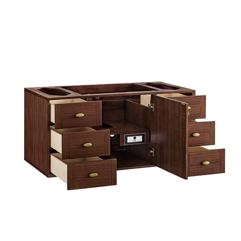 Amberly 48 Inch Single Vanity in Mid Century Walnut Corner View Open Drawers Without Stand