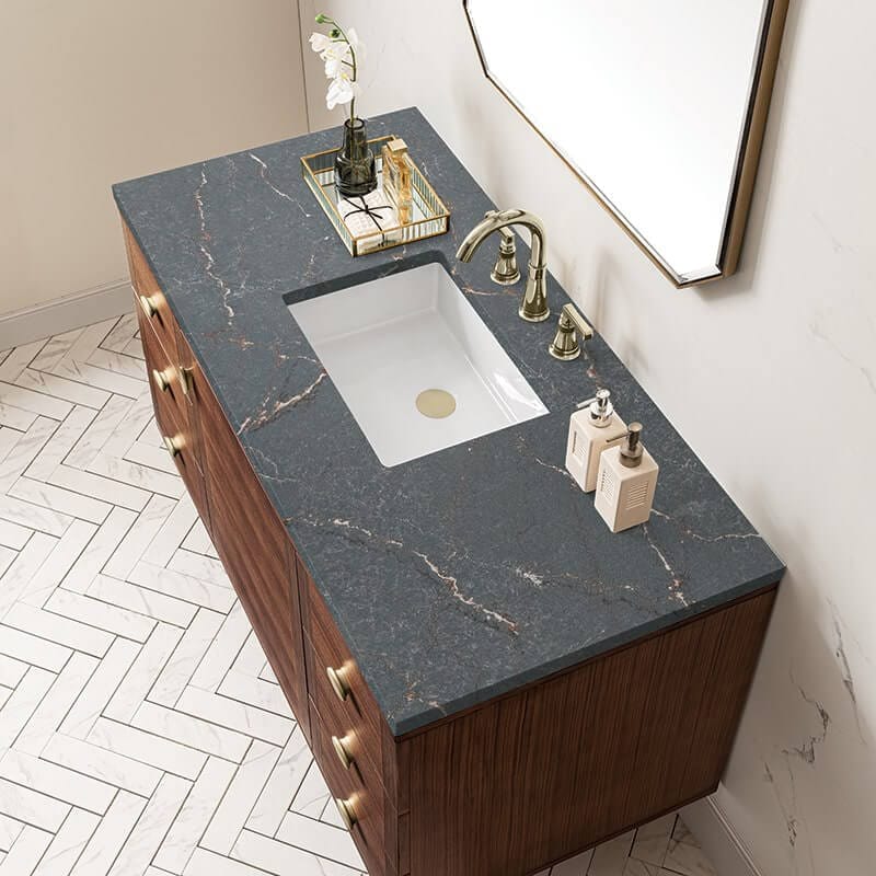 Amberly 48 Inch Single Vanity in Mid Century Walnut With Parisien Bleu Top
