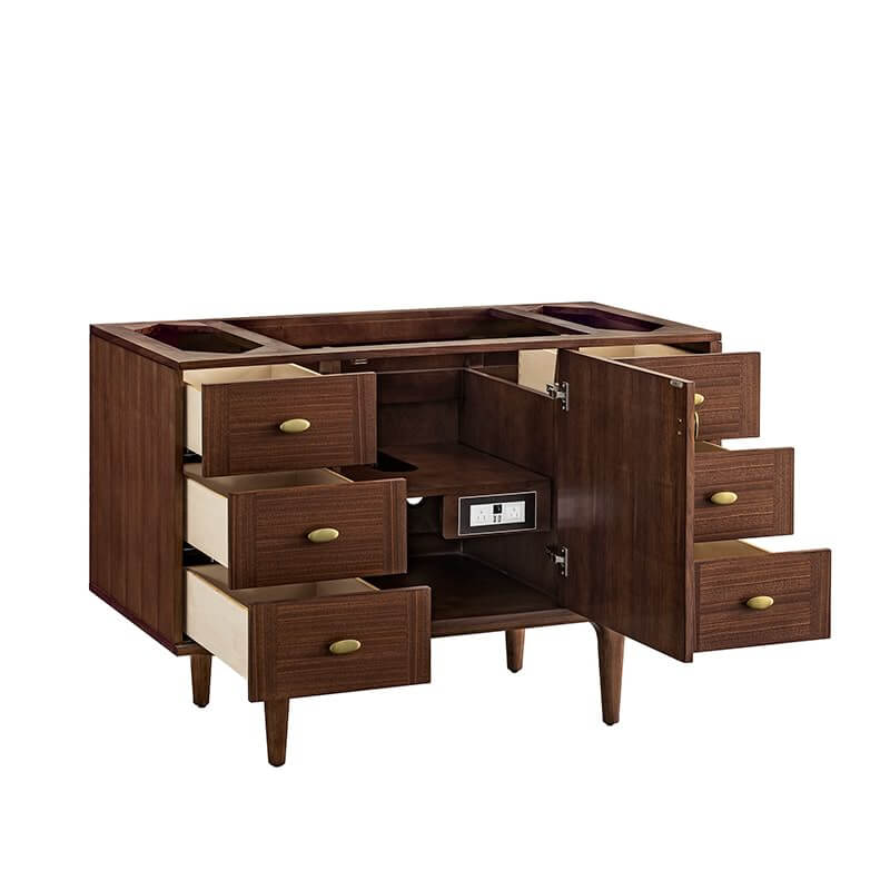 Amberly 48 Single Vanity in Mid Century Walnut Corner View Open Drawers With Stand