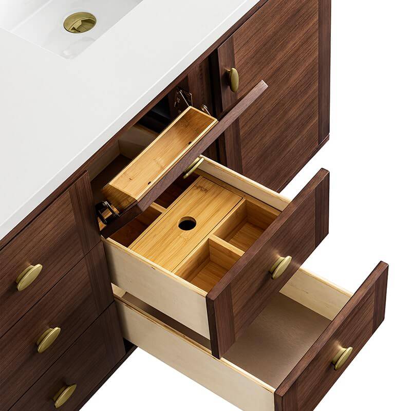 Amberly 60" Double Vanity in Mid Century Walnut Top View Drawers With Countertop