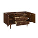 Amberly 60 Inch Double Vanity in Mid Century Walnut Corner View Open Drawers With Stand