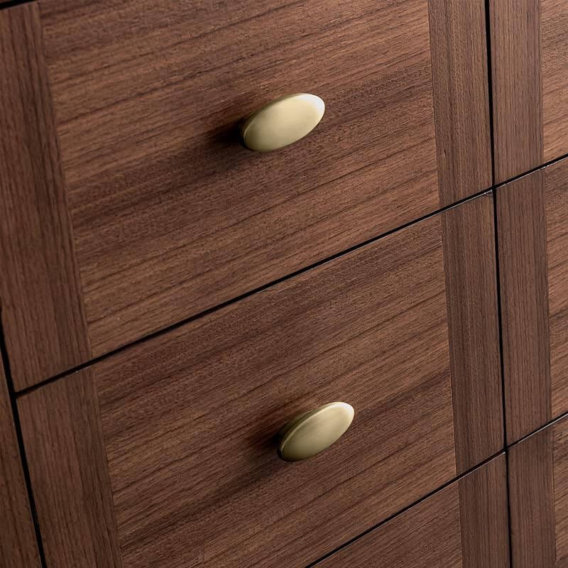 Amberly 60 Inch Double Vanity in Mid Century Walnut Oval Shaped Knobs in Champagne Brass Finish