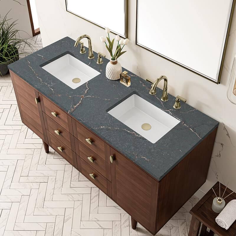 Amberly 60 Inch Double Vanity in Mid Century Walnut With Parisien Bleu Top