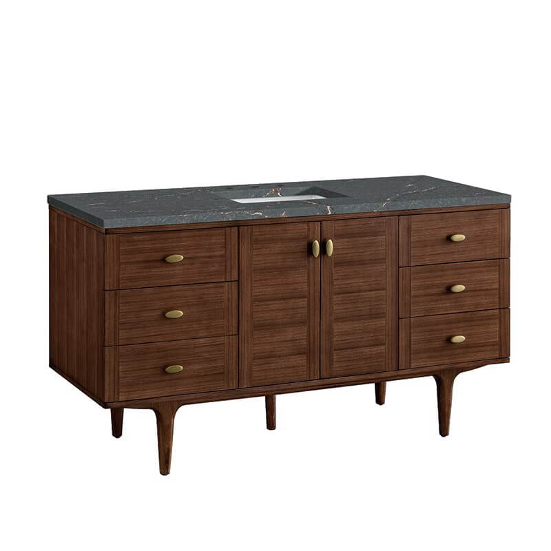 Amberly 60 Inch Single Vanity in Mid Century Walnut With Parisien Bleu Top