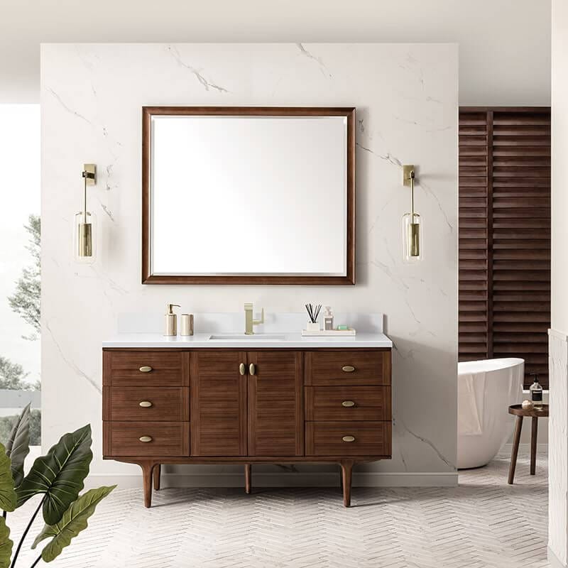 Amberly 60" Single Vanity in Mid Century Walnut With Single Hole Faucet White Zeus Top Backsplash