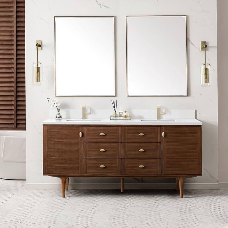 Amberly 72" Double Vanity in Mid Century Walnut With Single Hole Faucet White Zeus Top Backsplash