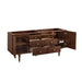 Amberly 72 Inch Double Vanity in Mid Century Walnut With Stand Corner View Open Drawers