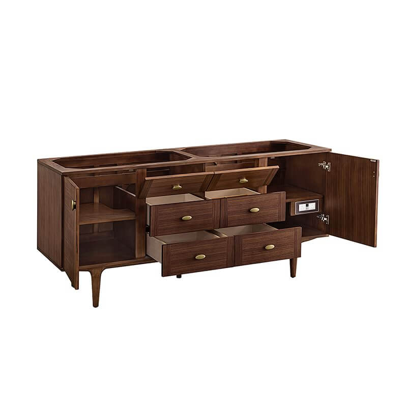 Amberly 72 Inch Double Vanity in Mid Century Walnut With Stand Corner View Open Drawers