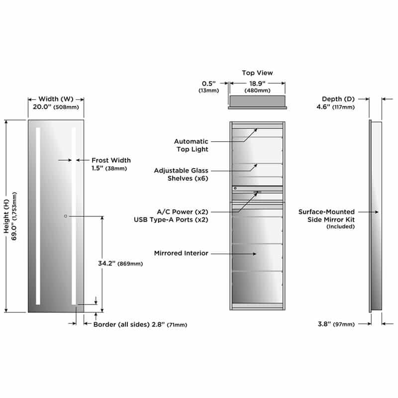 Ascension Lighted Wardrobe Cabinet Technical Drawings