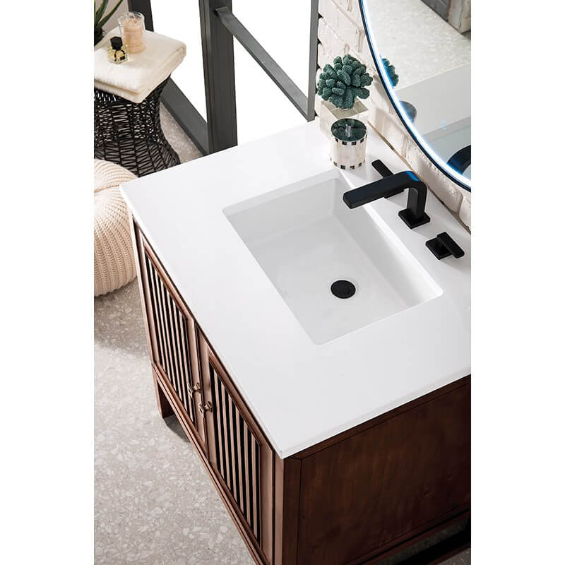 Athens 30 Inch Single Vanity Mid Century Acacia With Classic White Silestone Top