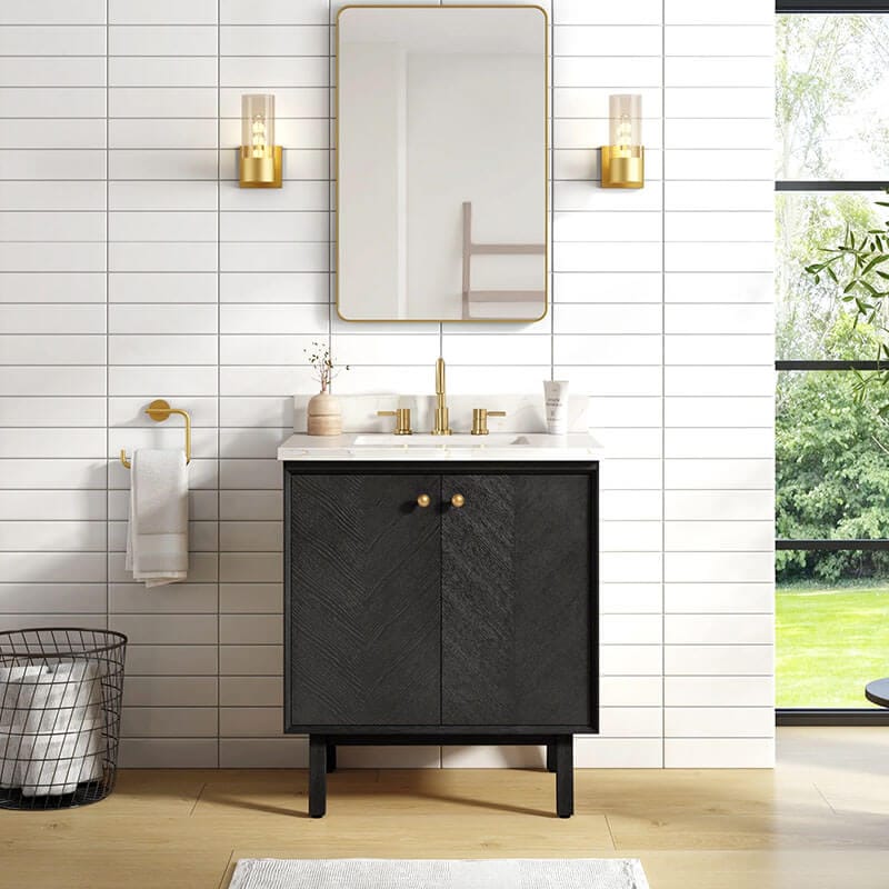 Avanity Adele 30 inch Single Sink Bathroom Vanity Black Oak in Calacatta Quartz Front View