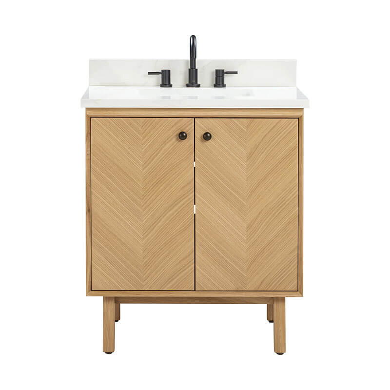 Avanity Adele 30 inch Single Sink Bathroom Vanity Natural Oak in Calacatta Quartz Top Front View